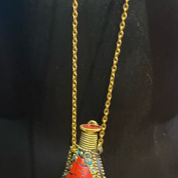 Vintage perfume bottle necklace Bronze inlay stone - Picture 2 of 7